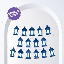 Big Dot of Happiness Ramadan Lanterns Garland Banner, Eid Decorations, Hanging Bunting Photo Backdrop, 10 Feet of Cord, 15 Paper Blue Fanous