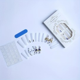 Long Square Press on Nails Blue Hearts Rhinestones Fake Nails Full Cover White False Nails with Glossy Gold Butterfly Charms Design 5D Flower Stick on Nail Sparkly Nail for Women Manicure 24Pcs