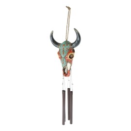 Set Of 2 Southwest Boho Chic Turquoise Ember Floral Scroll Cow Skull Wind Chimes