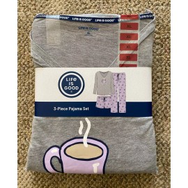 Life is Good Ladies 3 Piece PJ Set Tee Pants Shorts Pajamas Purple Coffee XL