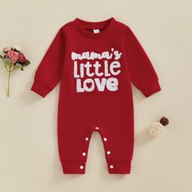Pybcvrrd Newborn Baby Boy Girl Valentine's Outfit Love Embroidery Romper Jumpsuit Long Sleeve Bodysuit One Piece Clothes (Red mama's lil love, 0-3 Months)