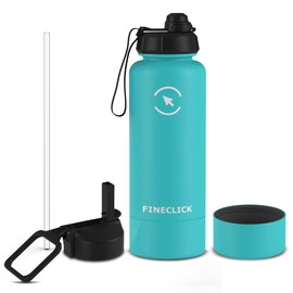 FINECLICK Insulated Water Bottle - 32oz - Leak Proof, Vacuum Insulated, Stainless Steel - For sports, Gym, Office etc - BPA-Free - Keeps Your Drinks Cold for 24H and Hot for 12H (Green Cyan)