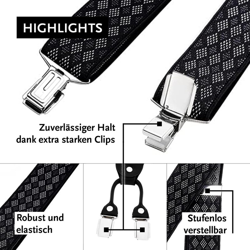 DonDon Men's Braces Wide 3.5 cm with 4 Braces Clips