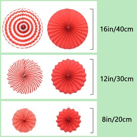 Hocansen 6PCS Paper Fan Garland Paper Fans Party Decorations 8/12/16in Hanging Paper Fans Set Round Paper Fans Pattern Garland for Birthday, Wedding (ZS/Red)
