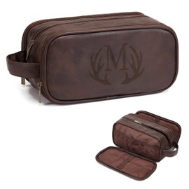 Janhavi Shaving Bag for Men Travel Waterproof, Engraved Initials & Antlers, Make Up Bag,Groomsmen Gifts, Mens Toiletry Travel Bag, Men's Accessories Organizer, Gifts for Him(Medium, Dark Brown, M)