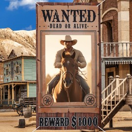 West Wanted Photo Prop, 65x36 Inch Retro Western Party Photo Prop Wanted Photo Frame Cowboy Poster Cowgirl Rodeo Booth Party Decorations for Selfie Photoshoot Backdrop