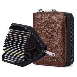 KUVAO RFID Blocking, Leather Credit Card Holder Zipper Wallet With 20 Card Slots, Small Card Case for Women or Men Accordion Wallet with Zipper (Coffee)