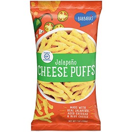 Barbara's Bakery Jalapeno Cheese Puffs, Cheese Puffed Kids Snack Made With Real Aged Cheddar and Blue Cheese, Gluten Free Snack, 7 OZ Bag