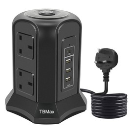 Tower Extension Lead with USB Extension Cord 2Meter, 6 Way Multi-plug Sockets Compact Charging Station Vertical Power Strip with Switches for Home, Office