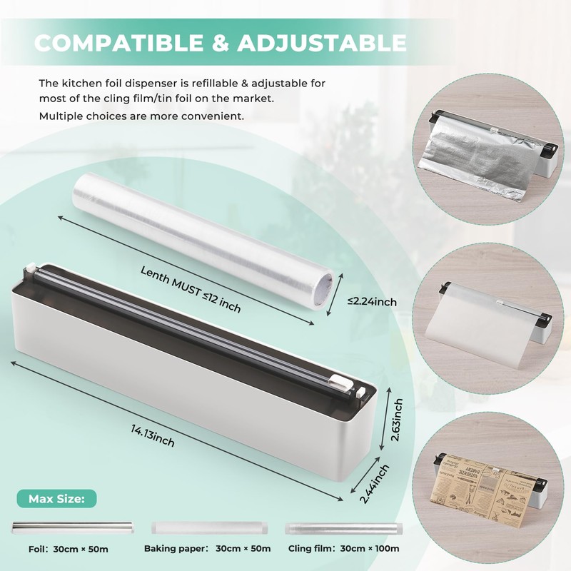 Quasziwa Magnetic Plastic Wrap Dispenser with Cutter - Practical Refillable