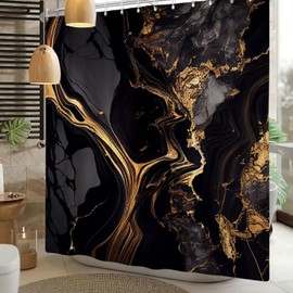 Xiaoterna Marble Shower Curtain Abstract Black Gold Marble Bathroom Curtain Gold Powder Sparkling Modern Luxury Marble Shower Curtain Machine Washable Waterproof Fabric 180x220cm