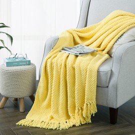 BYTIDE Throw Blanket for Couch Soft Knitted Textured Couch Cover Yellow Tweed Blanket with Fringe Tassel for Home Décor Bed Sofa Chair, 50" x 60", Sunshine Yellow
