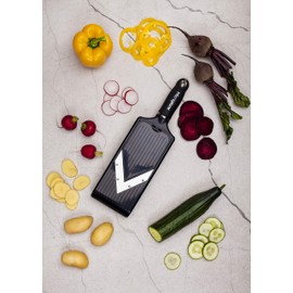 Microplane Adjustable Mandoline Slicer with V-Blade and Julienne Stainless Steel Blades, Handheld Mandoline for Potatoes, Carrots and Other Vegetables