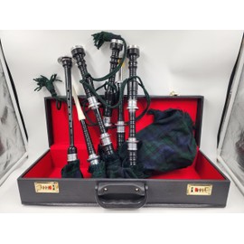 Scottish Great Highland Bagpipe Black Watch Full Silver Mounts Black Finish with Hard Case free Tutor Book instructions