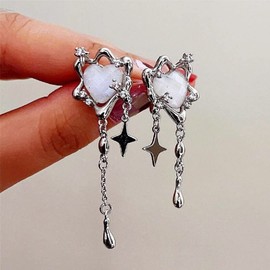 Moonstone Heart Stainless Steel Earrings Tassel Silver Star Dangle Earrings Dangling Y2k Earinging Earring For Women Teen Girls
