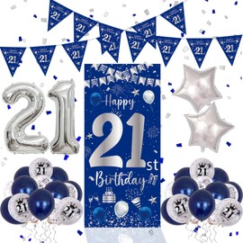 21st Birthday Decorations for Him Her Blue and Silver, 21 Birthday Party Decorations for Boys Girls,21st Birthday Balloons Banner, 21st Birthday Door Wall Birthday Banner