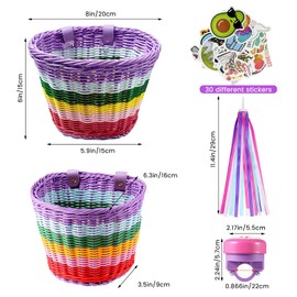 Children's Bicycle Basket, Braided Bicycle Basket for Girls and Children, Front, Plastic, with Leather Straps, Streamers, Bell, Bicycle Decoration Accessory Set for Girls