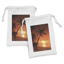 Ambesonne Tropical Fabric Pouch Set of 2, Twilight Dusk at Sandy Beach with Coconut Palms Maldives Summer Panorama, Small Drawstring Bag for Toiletries Masks and Favors, 9" x 6", Coral Orange Brown