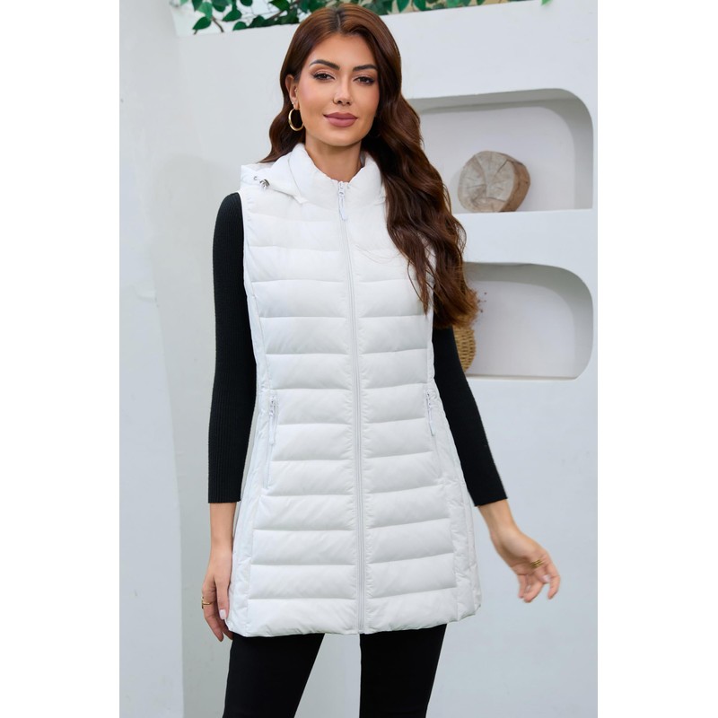 MODERN BUBBLE Long Puffer Vest for Women with Hood Lightweight