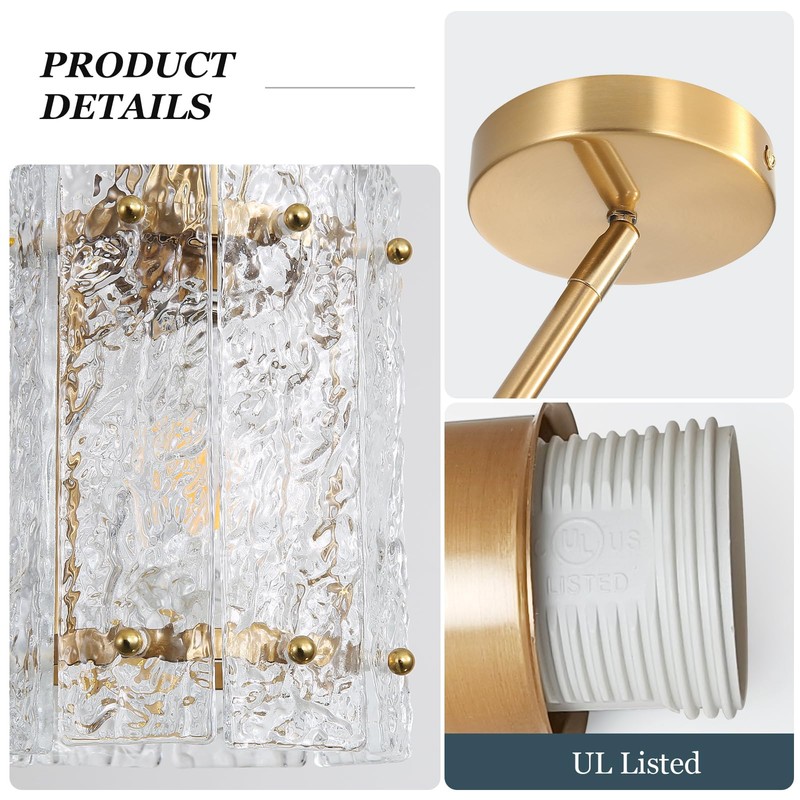 RUIBOOXIN Gold Glass Pendant Lights Kitchen Island, Water Ripple Round