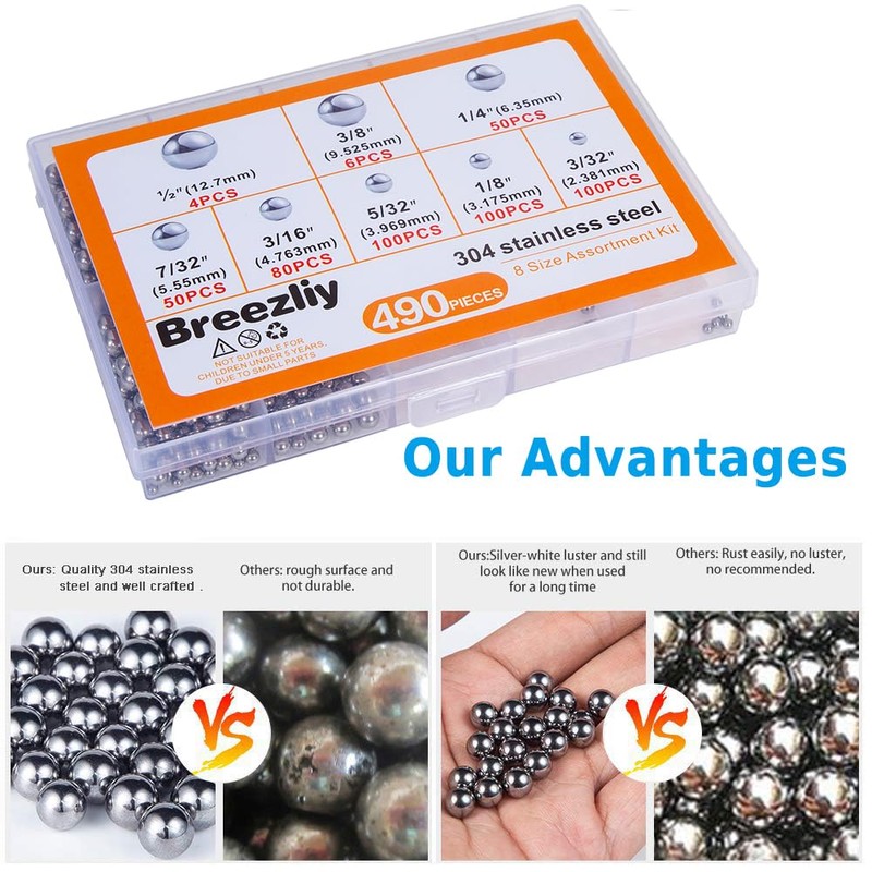 Breezliy 490Pcs 3/32"-1/2" Precision Chrome Steel Assorted Loose Bicycle Bearing