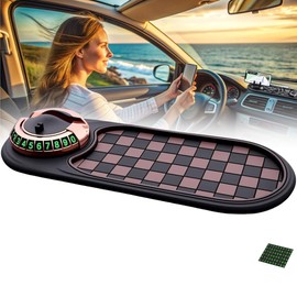 Multifunction Car Anti-Slip Mat,Rotatable Car Anti Slip Mat Phone Holder with Temporary Parking Number,Universal Car Phone Large Pad for Phones Sunglasses Keys Gadgets(Brown+Gold Bracket)