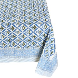 ATOSII Netta Blue 100% Cotton Rectangle Summer Tablecloth, Handblock Floral Print Linen Table Cloth for Kitchen Dining I Parties, Weddings, Outdoors, Decor 60 X 108 Inches, 8 Seater