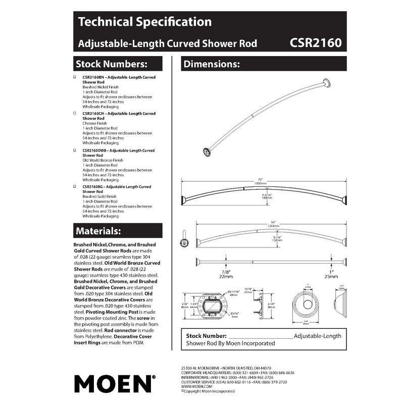 Moen CSR2160OWB 54 to 72-Inch Adjustable Length Fixed Mount Single