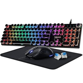 Typewriter Mechanical Gaming Keyboard and Mouse Combo, Rainbow RGB Backlit Wired Keyboards with Blue Switches Round Keycaps Media Control Knob for PC Computer