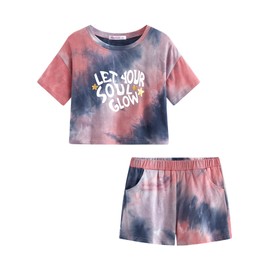 Topgal 100% Cotton Tie Dye Crop Top & Shorts Clothes Set Outfit for Big Girls Size 16/18