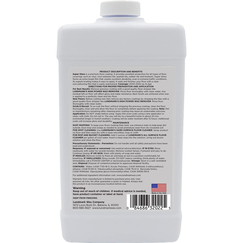 Lundmark Super Gloss Acrylic, Extra Heavy-Duty Hard Finish Floor Wax,