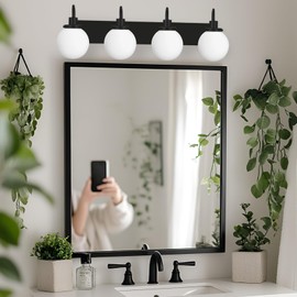 Yaohong Bathroom Light Fixtures Over Mirror, 4-Light Matte Black Vanity Light with Milk White Globe Glass Shade, Mid Century Modern Vanity Lighting Fixtures