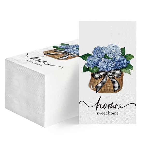 Horaldaily 50 Disposable Paper Decorative Guest Napkins, Blue Hydrangea Bouquet