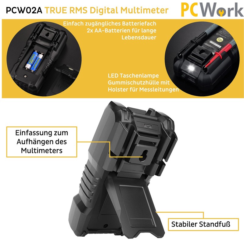 PCWork Professional Digital Multimeter PCW02A, Multimeter 1000V, True RMS, Large