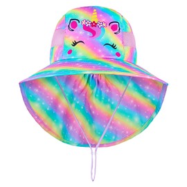 MHJY Kids Sun Hat Girls UV Protection Summer Hats Adjustable Beach Cap Unicorn Bucket Hats with Wide Brim Neck Flap for Toddlers 2-9 Years Rainbow