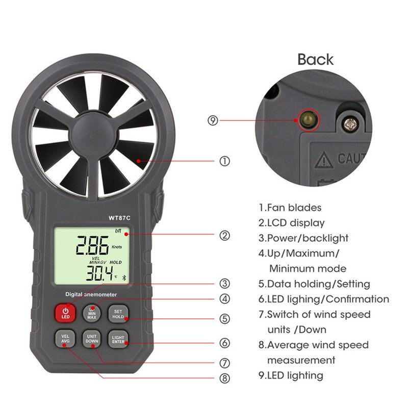 Digital Anemometer LCD Backlit Display Maximum Minimum Average Wind Speed