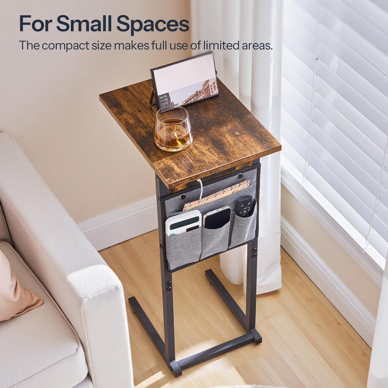 HOOBRO C Shaped Side Table with Charging Station, Slide Under