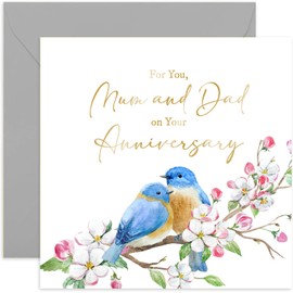 Old English Co. Mum and Dad Anniversary Card - Cute Wedding Anniversary Card from Parents - Traditional Love Birds Design for Them | Blank Inside
