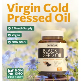 Black Seed Oil - 180 Softgel Capsules (Non-GMO & Vegan) Premium Cold-Pressed Nigella Sativa Producing Pure Black Cumin Seed Oil with Vitamin E - 500mg Each, 1000mg Per 2 Capsule Serving