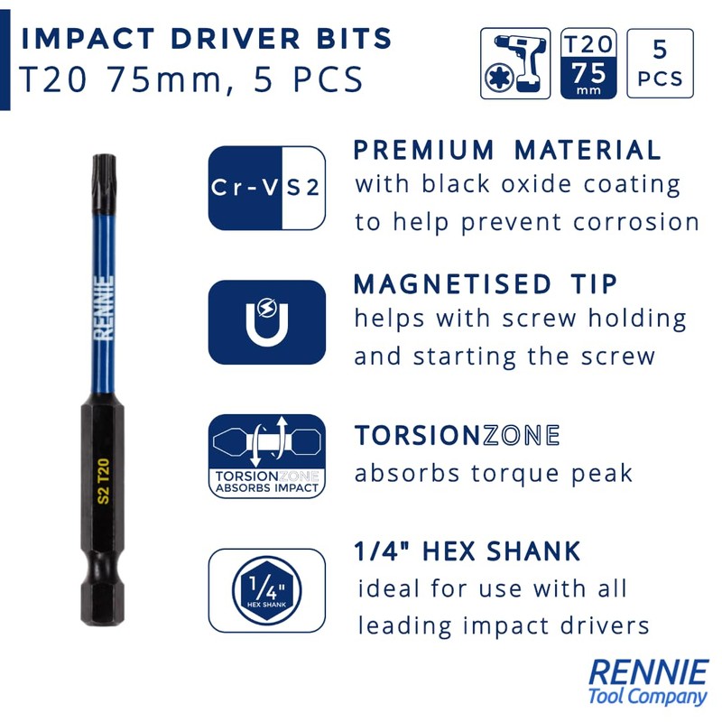 5 x Rennie Tools 75mm Long T20 TX20 Impact Screwdriver