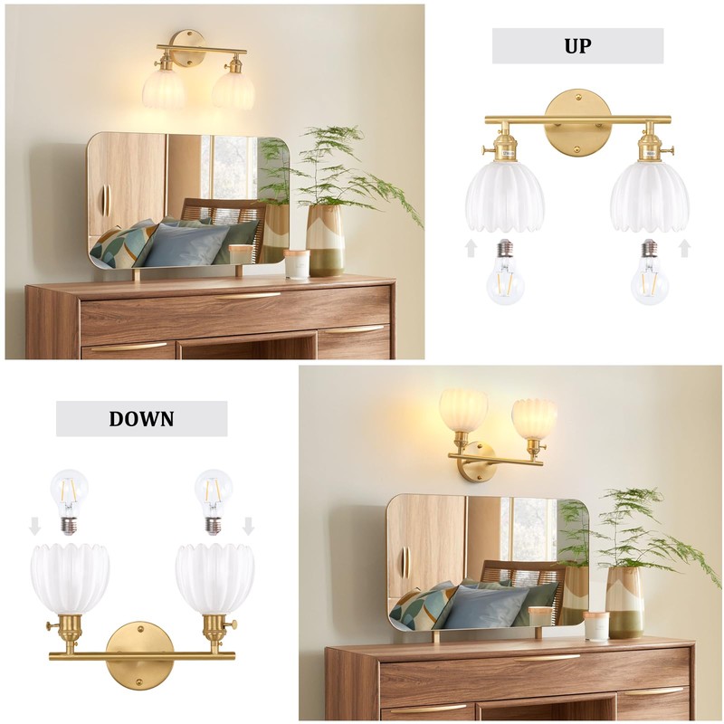 Shenmoyl Bathroom Light Fixtures, 2-Light Brass Vanity Wall Light Over