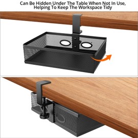 QWORK® Under Desk Storage Under Desk Organizer 360° Rotating Clamp Style Office Storage Metal Mesh Design