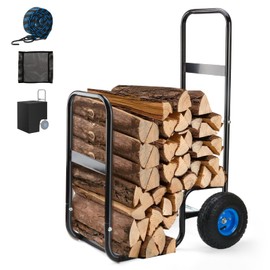 SANMEO 250 LBS Capacity Firewood Log Cart-Heavy Duty Steel Wood Carrier with Pneumatic Rubber Wheels for Fireplace,Fire Pit,Indoor&Outdoor(with cover)