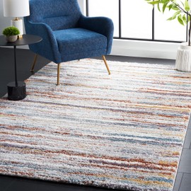 SAFAVIEH Area Rug 8x10 - Berber Shag Collection - Large - Blue Rust & Ivory, Modern Stripe Design, Non-Shedding & Easy Cleaning, Plush Thick Pile, Ideal for Living Room, Bedroom, Dining (BER565A)