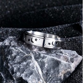 King Will 6mm Silver Stainless Steel Ring Spinner Ring Moon Star Fashion Anxiety Relief Rotatable Wedding Ring For Men Women 11.5