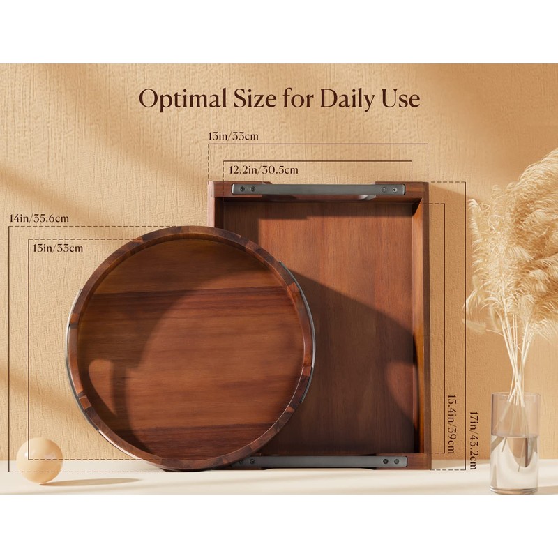 Dofira Acacia Wood Serving Tray with Metal Handles, 17x13in Food