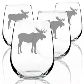 Moose Silhouette - Stemless Wine Glasses - Set of 4 - Cabin Themed Gifts or Rustic Decor - Large 17 Ounce