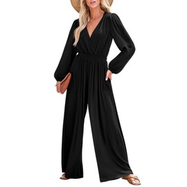 Dokotoo Jumpsuit for Womens Dressy Casual Deep V Neck 2024 Resort Wear Lantern Sleeves One Piece Open Back Long Romper Elastic Waist with Pockets Outfits for Summer,Black X-Large
