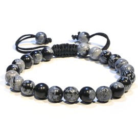 Snowflake Obsidian Crystal Bracelet – Gemstone Bead Bracelet with Adjustable Macrame String – Chic Gemstone Bracelet for Men and Women – 8mm Round Healing Crystal Bead Bracelets