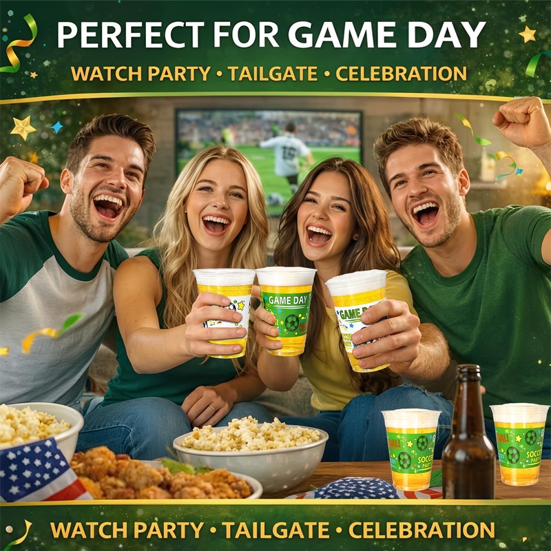 Soccer Party Cups 16 oz, 50 Pack Disposable Plastic Drinking